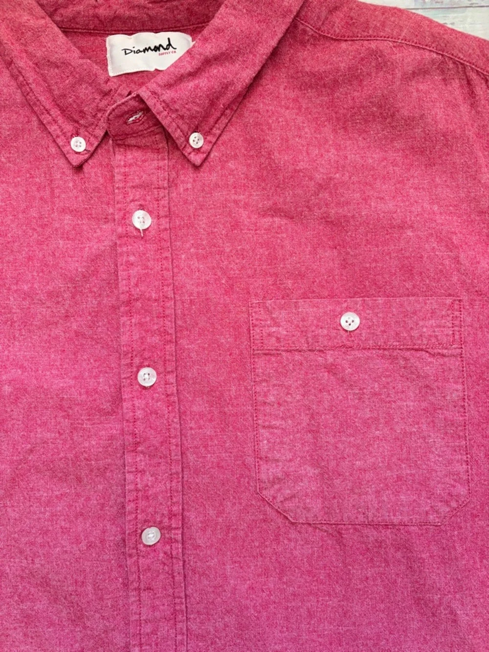 Diamond Short-Sleeve Button-Down Shirt - Red 100% Cotton - Picture 5 of 6